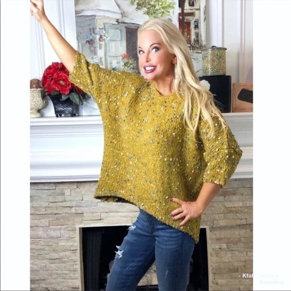 LAST! Mustard Confetti Scoop Neck Oversized Confetti Sweater! - Picture 7 of 7